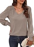 Dokotoo Long Sleeve Shirts for Women Shirred Shoulder V Neck Solid Color Knit Blouses for Women Dressy Casual Going Out Tops Fall Outfits Dark Khaki Medium