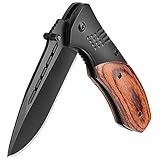 KEXMO Pocket Knife for Men - 3.46" Sharp Blade Wood Handle Pocket Folding Knives with Clip, Glass Breaker - EDC Knives for Hunting Camping Survival Outdoor Fishing Hiking Women Men, Black