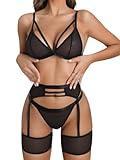 popiv Women's Sexy Lingerie Set with Garter Belt Matching Bra and Panty Lingeries Sets 4 Piece Black