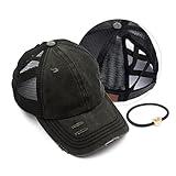 C.C Exclusives Washed Distressed Cotton Denim Criss-Cross Ponytail Hat Baseball Cap Bundle Hair Tie (BT-780) (Black)