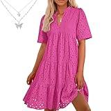 The Beauty North Eyelet Dress, Women Summer Eyelet Ruffle Dresses, V-Neck Hollow Lace Embroidery Short Sleeve Long Dress (US, Alpha, Small, Regular, Regular, Rose Red)