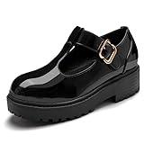 Coutgo Girls Mary Jane Dress Shoes Platform Loafers School Uniform Chunky Heel Closed Toe T-Strap Flats Black