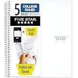 Five Star Spiral Notebook + Study App, 5 Subject, College Ruled Paper, 8-1/2" x 11", 200 Sheets, Fights Ink Bleed, Water Resistant Cover, White (72460)