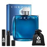 Ace Scents Chrome Cologne for Men, 3.4 Fl Oz Eau de Parfum Spray Bundle with Travel Atomizer and Velvet Bag