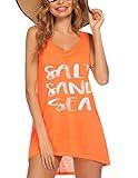 Ekouaer Swimsuit Cover Ups for Women Bathing Suit Coverups T-Shirt Dress Baggy V-Neck Swimwear Orange Medium
