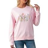 ELAIXV Wildflower Botany Embroidered Oversized Sweatshirt for Women, Soft French Terry Cotton Crew Neck Sweater with Floral Design - Size M - Light Pink