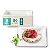 Fit Meal Prep 50 Pack Compostable Paper Plates, 6" Appetizer Plate, Biodegradable Square Dessert Plates, Heavy-Duty Disposable Sugarcane Plate for Party, Dinner, Cake, Snack, White