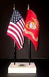 1 American and 1 United States Marine Corps Rayon 4x6 Inch Office Desk & Little Table Flag Executive Set, Includes a 2-hole White ArcticSno Flag Base with a USA Great Seal and 2 Flags, Made in USA