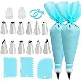 Piping Bags and Tips Set, Reusable Cake Decorating Supplies with 2 Reusable Bags, 12 Icing Tips, 2 Silicone Rings, 2 Couplers and 3 Scrapers, Cake Baking Tools for Cookie Icing Cupcakes