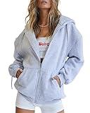 Trendy Queen Womens Zip Up Hoodies Oversized Sweatshirts Fall Fashion Outfits Sweaters Casual Jackets 2024 Winter Clothes Grey M