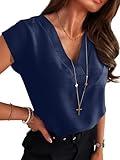 ANRABESS Women Tops Cap Sleeve Textured Dressy Casual V Neck Shirts 2025 Summer Business Work Blouses Outfits Navy Blue XX-Large