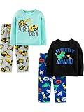 Simple Joys by Carter's Boys' Toddler 4-Piece Pajama Set (Cotton Top & Fleece Bottom), Aqua Blue Trucks/Black Dinosuar/Cobalt Blue/Grey Construction, 4T