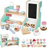 Fisher-Price Wood Pretend Play Coffee Shop & Toy Register, 20-Piece Wooden Food Playset for Preschool Kids Ages 3+ Years