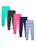 Amazon Essentials Girls' Leggings, Pack of 5, Aqua Green/Black Stars/Navy/Pink/Stripe, Medium