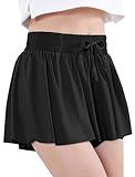 EXARUS Girls Butterfly Shorts Flowy Athletic Dance Cheer Running Skirt Skorts 2 in 1 Preppy Flutter Gym Kids Activewear Black 10Y