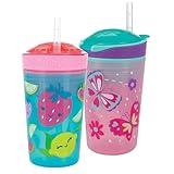 NUBY All in One Snack Bowl and No Spill Soft Straw Cup - 2 Pack Pink Butterflies & Aqua Fruits - Snack N' Sip, Holds: 4.5 oz Snack Container with Lid and 9 oz/ 270 ml Straw Cup (12 Months +)