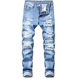 LZLER Slim Stretch Jeans for Men Ripped 5-Pockets Zipper Mens Designer Jeans Light Blue Streetwear Hip-hop Style Size 34