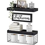 QEEIG ‎Bathroom Shelves Over Toilet - Paper Storage Wall Mounted Farmhouse Decor Decorations Aesthetic Décor Sign Small Floating Wall Shelf 2+1 Set 16 inch, Black (020B)