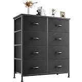 DUMOS Dresser for Bedroom with 8 Fabric Drawers, Tall Chest Organizer Units for Clothing, Closet, Kidsroom, Storage Tower with Cabinet, Metal Frame, Wooden Top, Lightweight Nursery Furniture, Black