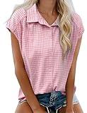 LOMON Womens Button Down Shirts Short Cap Sleeve Summer Cotton V Neck Collared Stripes Blouses Casual Plaid Tops Pink and White Plaid L