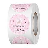 Acetiamin Handmade with Love Stickers Roll, 1.5 inch 500 PCS Pink Baked with Love Stickers, Homemade with Love Stickers for Baked Goods, Bakery Bread Cookie Packaging, Small Businesses