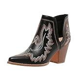 SelRoys Cowboy Boots for Women Cowgirl Ankle Western Embroidered Stitched Pointed Toe Cutout Chunky Heels Short Booties Red Brown Black US5-11, black, 8