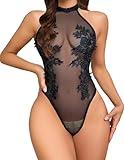 Girece Women Teddy Lingerie Sexy Snap Crotch Bodysuit Halter Mesh Lingerie Top Emboroidered One Piece Babydoll (Black,S)