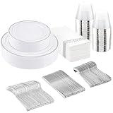 175Pcs Plastic Dinnerware Set for 25 Guests - Silver Rim Dinner Plates, Dessert Plates, Paper Napkins, Cups, Plastic Silverware Set