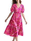 YESNO Summer Floral Midi Dresses for Women V Neck Puff Short Sleeve Frill Trim Dress with Pockets L EVX CR026