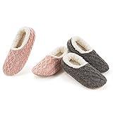 cosyone1997 2-Pair Thick Warm Fuzzy Slippers for Women Indoor Fluffy Sherpa Lined，Winter House Shoe Socks Non-Slip Soft Soles, Cozy Christmas Gifts, Cable Knit Grey Pink Adult Size 9-10