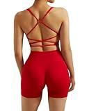 RXRXCOCO Seamless Workout Sets for Women 2 Piece Strappy Sports Bras Scrunch Butt Booty Shorts Matching Yoga Outfits Red, Small