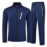 MoFiz Mens Athletic Sweatsuits Full Zipper Jacket with Stand Collar Workout Running Pants Male Casual 2 Pieces Tracksuit Navy L