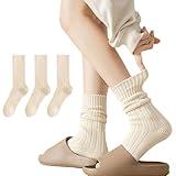 MANGMAO 3 Pairs Crew Socks for Women Cute Fall Knit Cotton Socks Crochet Aesthetic Long Slouch Socks Gifts for Women (Beige-3 Pack,One Size,One Size)