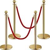 Ferraycle 4 Pcs Stainless Steel Stanchion Post Queue 5 ft Velvet Rope Carpet Ropes and Poles Crowd Control Barriers Sand Injection Hollow Base and Velvet Ropes Set for Party Supplies (Gold)