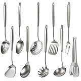 Newness 10 Pcs Cooking Utensils Set, 304 Stainless Steel Kitchen Utensils Set, Metal Kitchen Accessories, Include Soup Ladle, Slotted Skimmer Spoon, Spaghetti Spoon and Spatula, Tongs,Dishwasher Safe