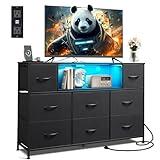 WLIVE Black Dresser for Bedroom, TV Stand for Bedroom for 50, 55 inch TV with Charging Station and LED Lights, Fabric Chest of Drawers with Open Shelves, 8 Drawer Dressers for Living Room, Closet