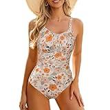 Century Star Tummy Control One Piece Swimsuit for Women Vintage Bathing Suits Ruched Swimwear Orange Flower X-Large