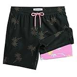 maamgic Mens Swim Trunks with Compression Liner 7 Inch Inseam Mens Bathing Suit Quick Dry Swimming Trunks Swimsuit Palmtree Black Pink Medium