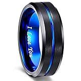 Greenpod 8mm Mens Black Tungsten Ring with Thin Blue Groove Beveled Edge Engraved I Love You Comfort Fit Size 10