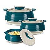 Milton Casserole for hot food, Double walled insulated inner Stainless Steel hot pot with lid, Serving box for food and roti, insulated serving bowl with lid, Set of 3 Venice, Marble Green