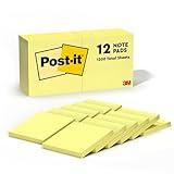 Post-it Notes, 12 Sticky Note Pads, 3 in. x 3 in., School Supplies for College Students and K-12 Teachers, Easy to Reposition Memo Pads Set, Great for Books and Paper, Canary Yellow