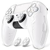 PlayVital Silicone Skin Set for PS5 Controller - Charging Dock Compatible, Full Protection Case with Futuristic CyberMech Design, Soft Cover with Thumb Grips & Stickers - White