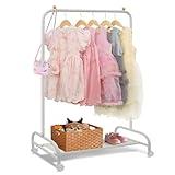 YGJT Kids Clothing Rack, Baby Clothes Rack for Hanging Clothes with Wheels and Bottom Storage Shelf, Small Toddler Garment Rack Kids Dress Up Storage Rack for Coats, Skirts, Dance Costume(White)