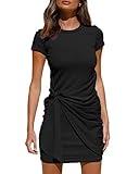 LILLUSORY Women's Casual Short Sleeve Dress T Shirt Bodycon Wrap Ruched Tie Waist Mini Summer Night Out Dress Black M