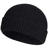 ROYBENS Swag Wool Knit Cuff Short Fisherman Beanie for Men Women, Winter Warm Hats, Black