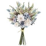 Fake Artificial Flowers Bouquet for Decoration, Silk Floral Arrangements Faux Flowers Plant Wedding Bride Bouquets Tables Centerpieces for Rustic Home Decor Indoor Vase Floral Table Decor (Blue White)
