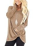 SHIBEVER Long Sleeve Women Tops: Fall Casual Tunic Shirts for Womens Round Neck Twist Knotted Tee Blouses Khaki L