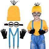 4Pcs Halloween Costume Accessories Kids Steampunk Goggles Glasses Blue Y-Back Suspenders Yellow Beanie Hats Black Gloves Perfect for Birthday Party and Halloween Cosplay Party