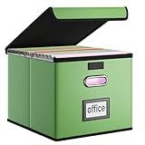 Huolewa Upgraded File Organizer Box with Lid, Collapsible Faux Leather Document Organizer, Hanging File Folder Box with Plastic Slide, Decorative Filing Box Cabinet for File and Folders Storage(Green)