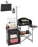 VEVOR Camping Kitchen Table, Outdoor Camp Cooking Table, Aluminum Portable Cook Station with Storage Cupboard, Carrying Bag, Detachable Windscreen, Quick Set-up for BBQ Party Picnic RV Travel, Black